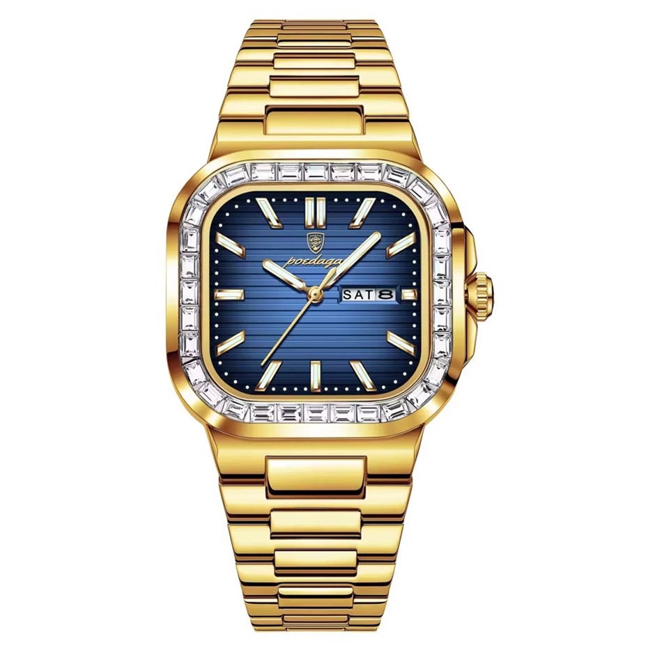 Luxury Men's Quartz Watch Square Face Stainless Steel Band, Gold/Blue