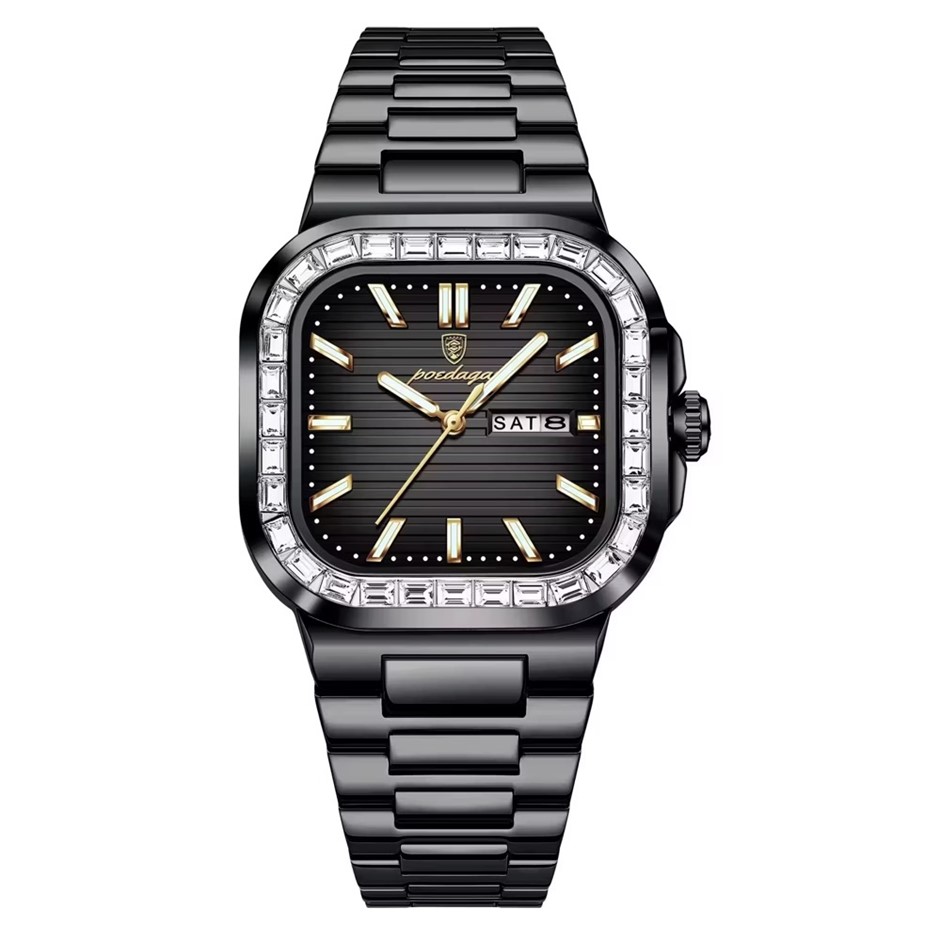 Luxury Men's Quartz Watch Square Face Stainless Steel Band, Black