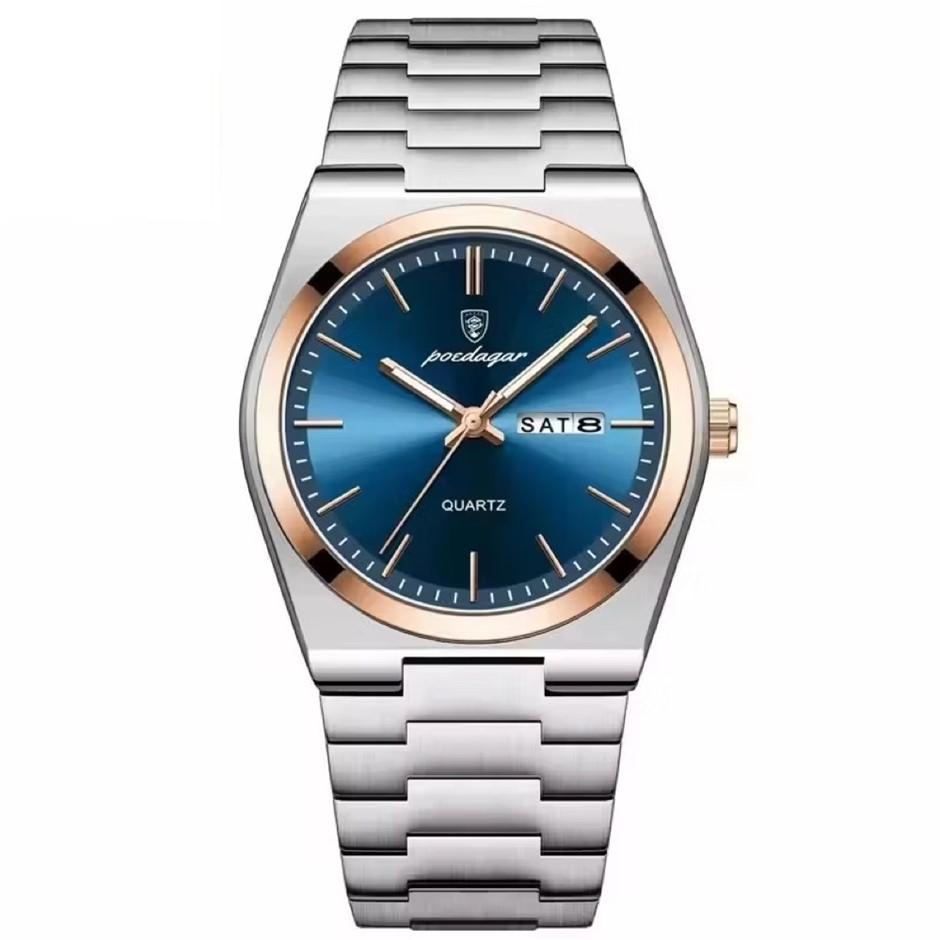 Luxury Quartz Watch Men, Calendar with Strap, Silver/Rose Gold/Blue