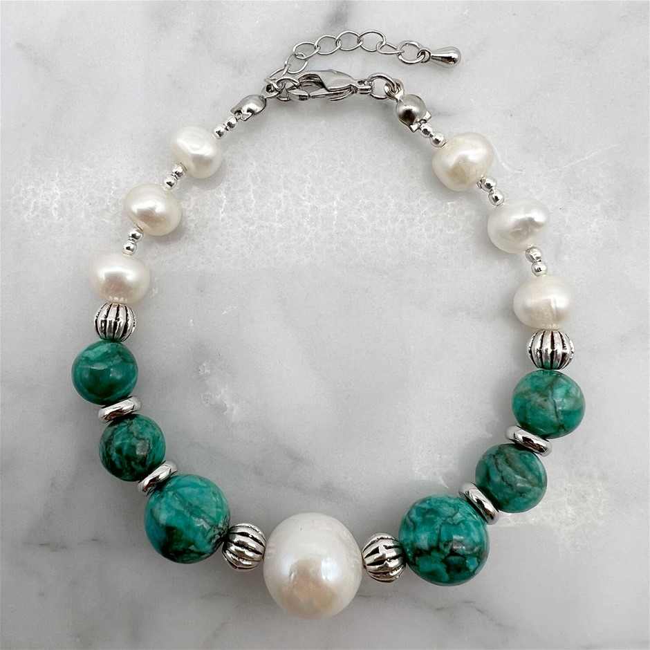 Large Central 13mm White Pearl, Afican Jasper 'Turquoise' Bracelet.