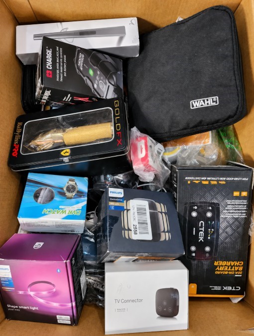 BOX OF ASSORTED ELECTRONICS & PERSONAL CARE ITEMS: BaBylissPRO Trimmer, Phi