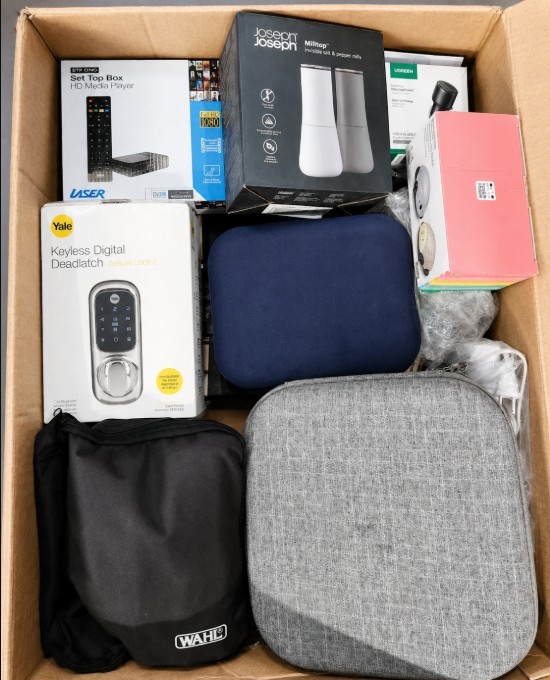 BOX OF ASSORTED ELECTRONICS & HOME ACCESSORIES: Yale Digital Lock, Set Top