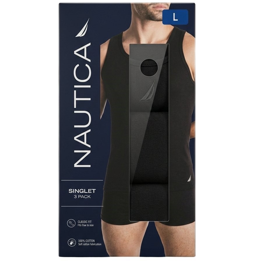 NAUTICA 3 Pack Singlet Classic Fit, 100% Cotton, Black, Size L Buyers Note