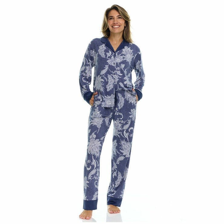 FLORA NIKROOZ Women's Satin Trim PJ Set, Size M, Navy. Buyers Note - Disco