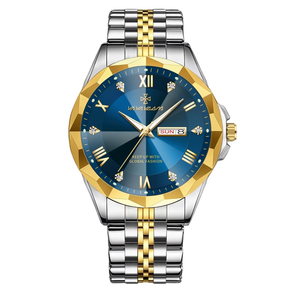 High Quality Simulated Diamond Men's Quartz Watch, Gold/Blue