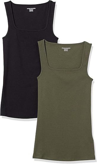 AMAZON ESSENTIALS Women's 2 Pack Slim Fit Square Neck Tank, Large, Black/Da