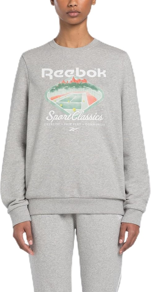 REEBOK Women's Court Sport FT Crew Sweatshirt,  Medium, Medium Grey Heather