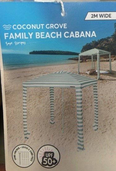 2 x COCONUT GROVE Family Beach Cabana, 2m Wide, Sage Stripes. NB: Dusty, co