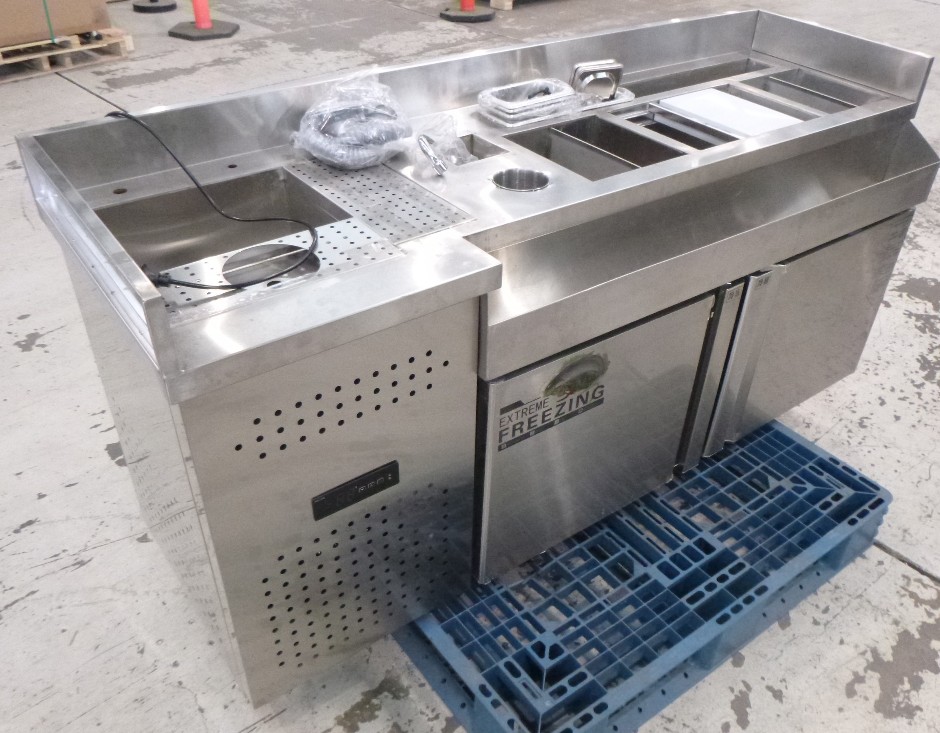 <p>Unused Commercial Stainless Steel Cocktail Station with Refrigerated Sto