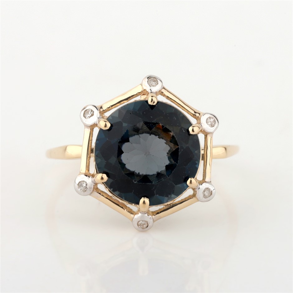 Yellow Gold Natural London Blue Topaz & Diamond Ring with IGI valuation