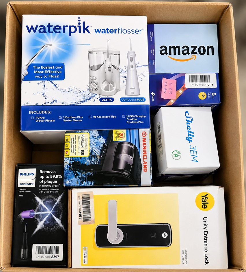 BOX OF ASSORTED ELECTRONICS: WATERPIK Water Flosser, YALE Unity Entrance Lo
