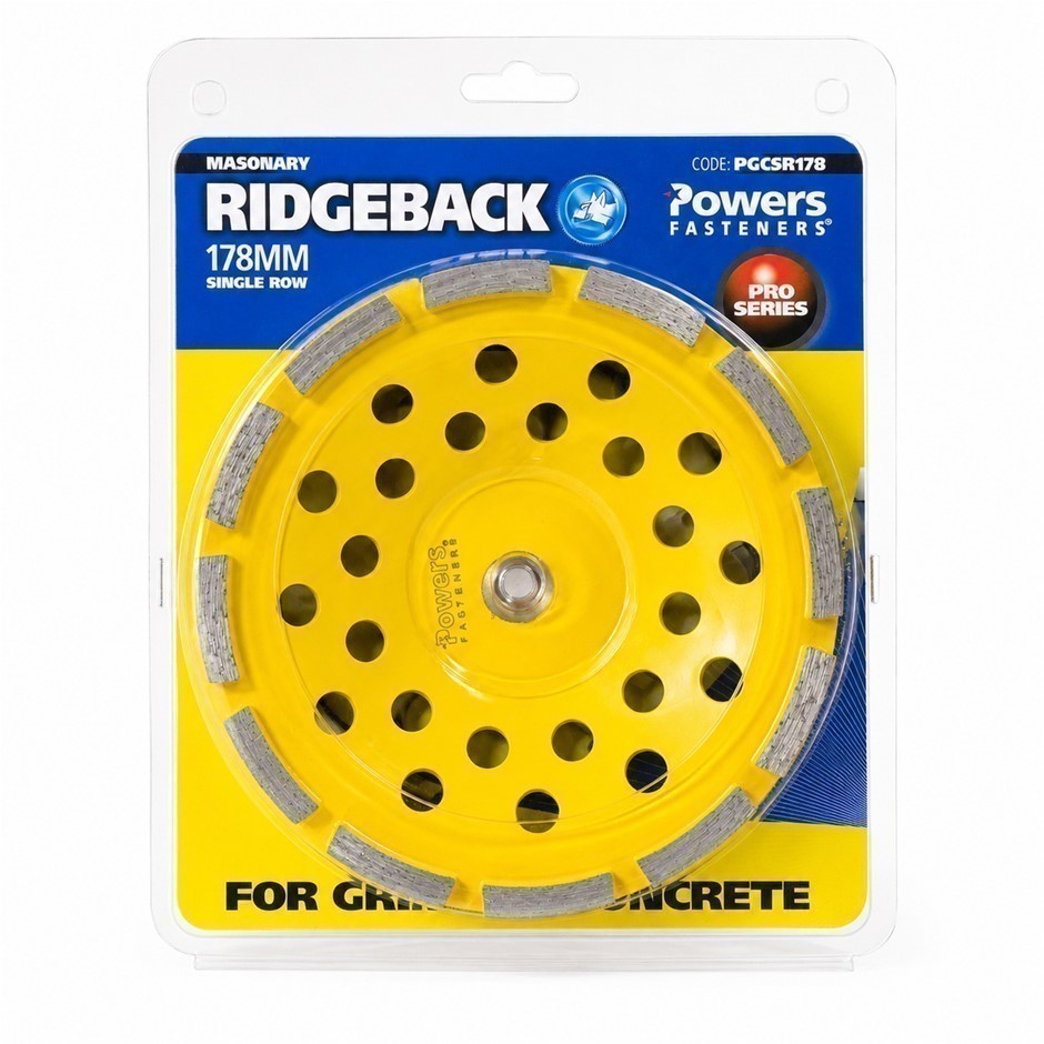 POWERS RIDGEBACK 178mm Diamond Single Row Concrete Grinding Cup, Yellow, PG