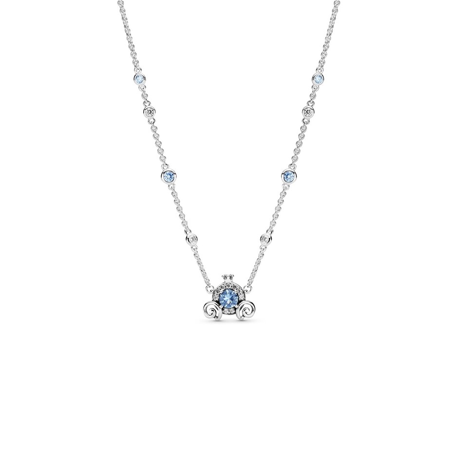 Disney, Cinderella Pumpkin Coach Beaded Silver Necklace w Clear & Blue CZ