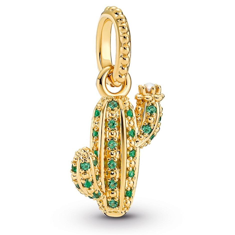 Cactus 14k gold-plated pendant with royal green crystal and white