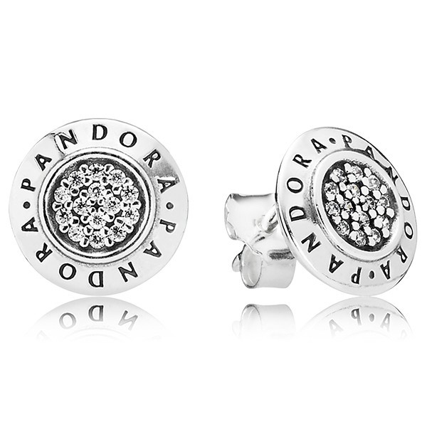 PANDORA Signature Logo Silver Stud Earrings w CZ