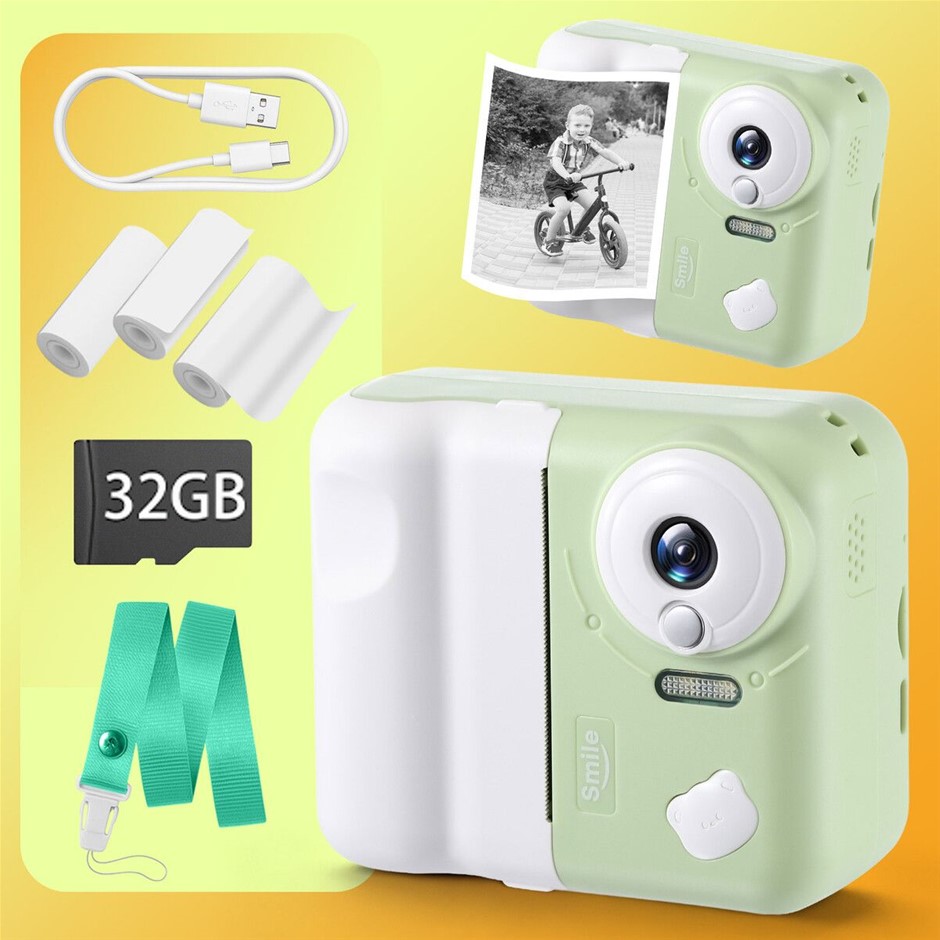 Kids Instant Camera 1080P HD Video Selfie Photo Printer 32GB SD Card -Green