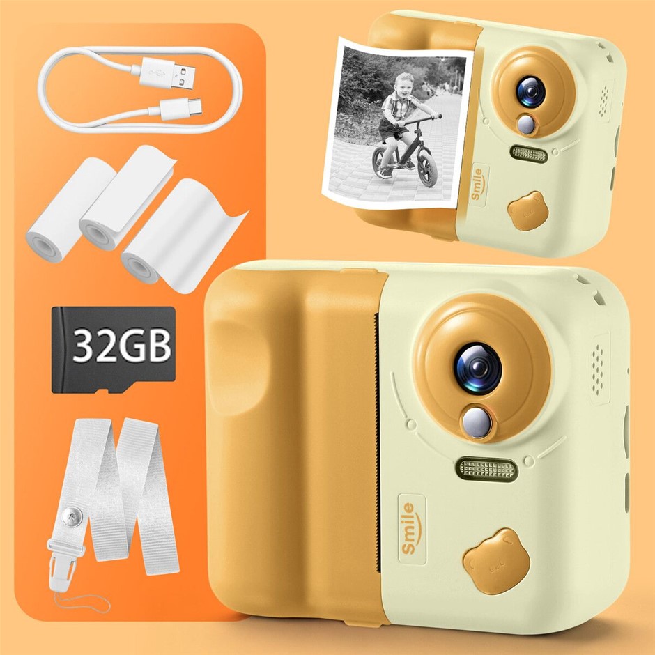 Kids Instant Camera 1080P HD Video Selfie Photo Printer 32GB SD Card-Yellow