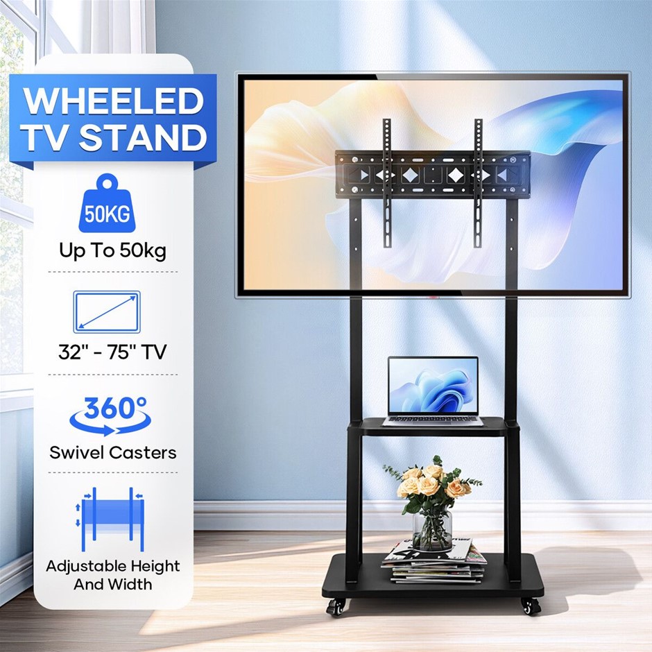 32-75" Mobile TV Stand Trolley with Top Shelf & Storage Adjustable Wheels