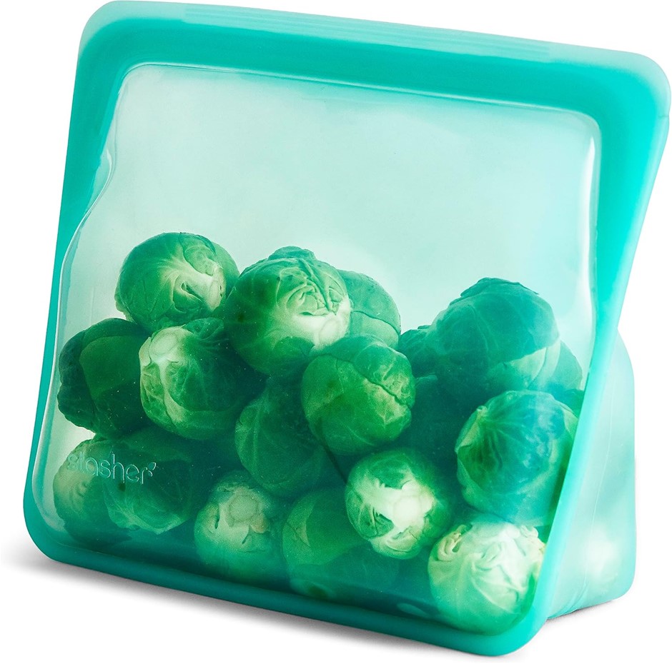 STASHER Platinum Silicone Food Grade Reusable Storage Bag, Aqua (Stand-Up M