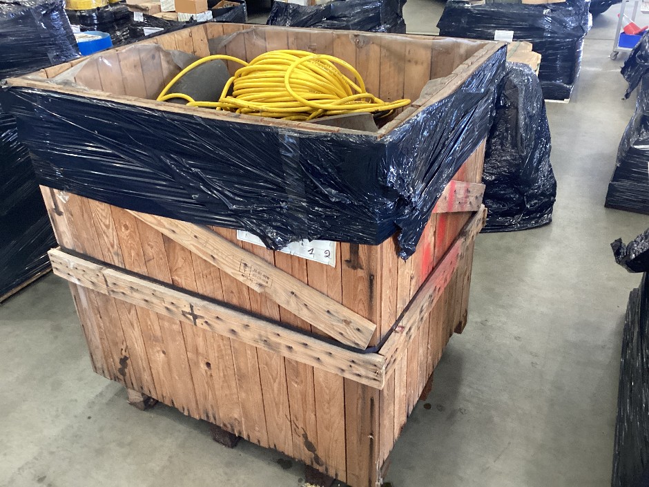 <p>Wooden Crate containing pvc air hose, metal pipe fittings</p>