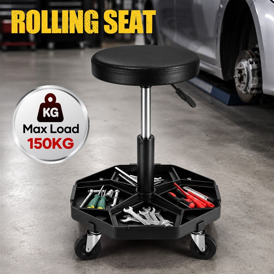Swivel Mechanic Work Stool with Wheels Tool Tray Height Pneumatic Black