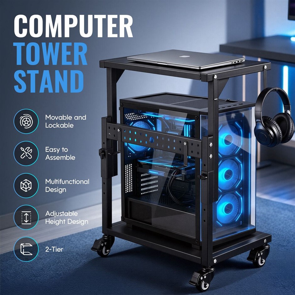Mobile Computer Tower Stand w/ Printer Shelf 2 Tier Lockable Wheels