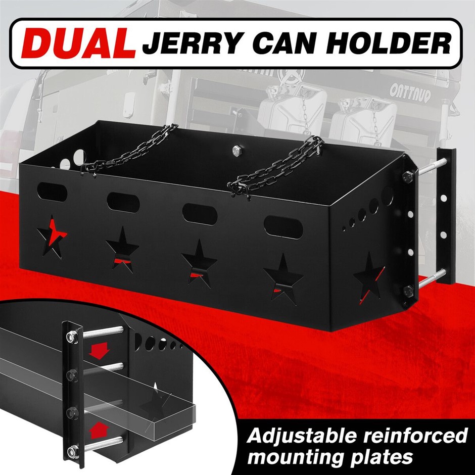 Dual Jerry Can Holder Steel Fuel Jug Water Rack Carrier Lock Chains RV