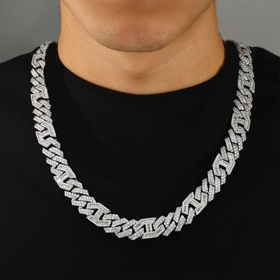 18K White Gold-Filled Cuban Necklace with AAA Cubic Zirconia's - 60.9cm