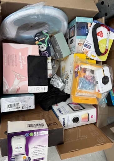 Assorted Box of Baby Items incl: V-tech Cameras, Baby Bottles, Breast Pump