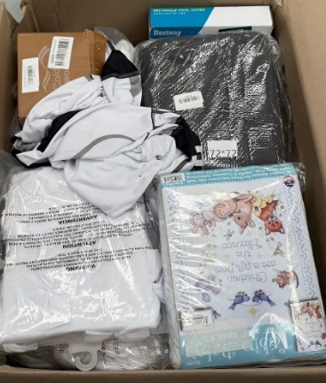 Assorted Box of Curtains and Covers. NB: Items may not be in original pack