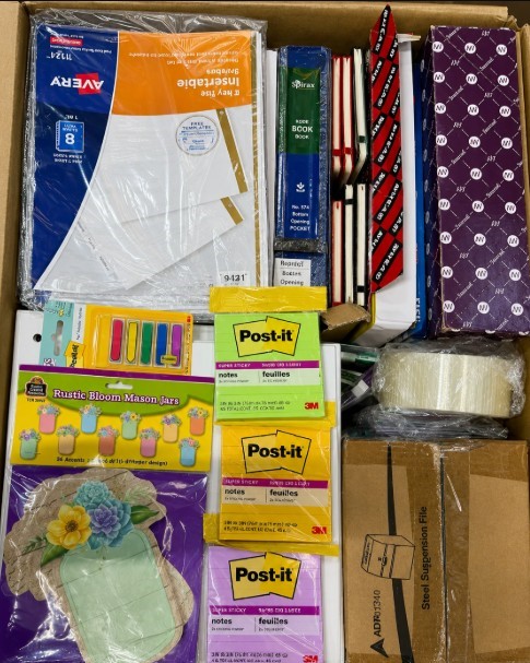 BOX OF ASSORTED OFFICE & STATIONERY SUPPLIES: Folders, Binders, Markers, Pa