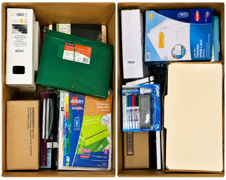 BOX OF ASSORTED OFFICE & STATIONERY SUPPLIES: Folders, Binders, Markers, Pa