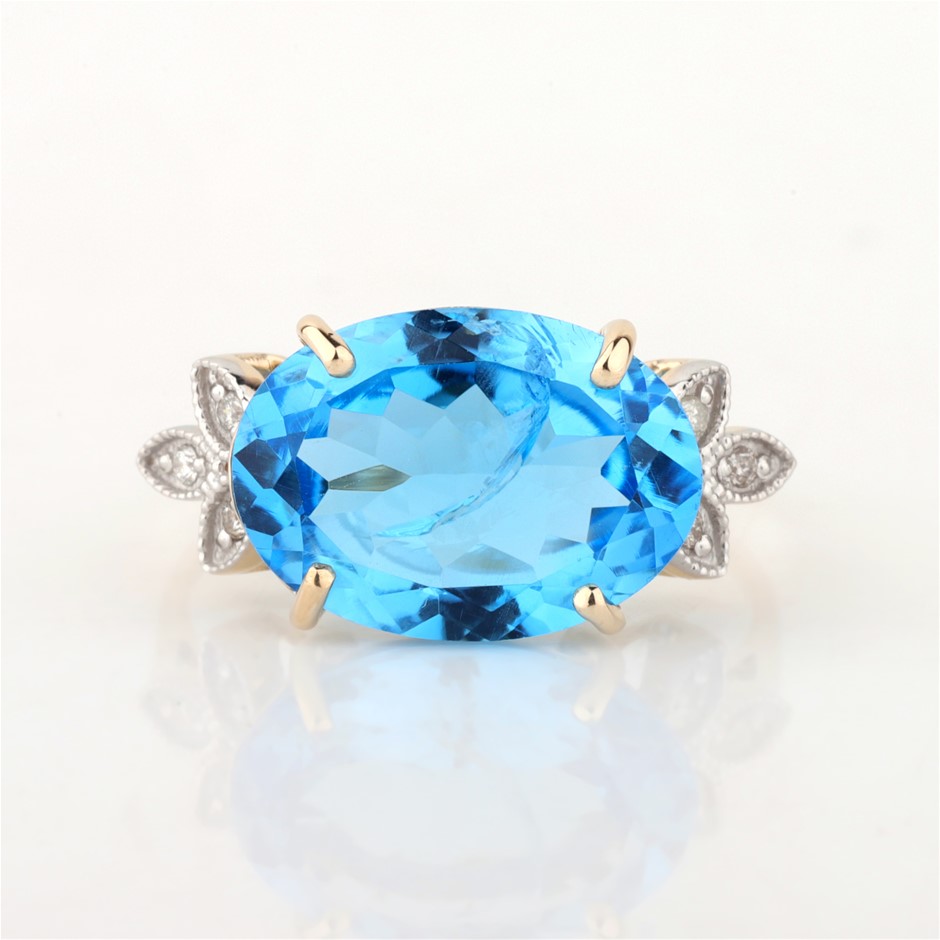 Yellow Gold Natural Swiss Blue Topaz & Diamond Ring with IGI valuation