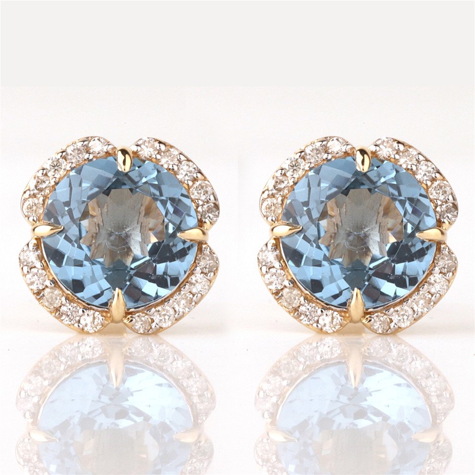Yellow Gold Natural London Blue Topaz & Diamond Earrings with IGI valuation