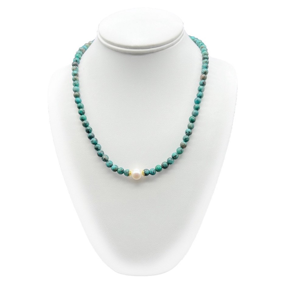 10mm White Pearls with Afican Jasper 'Turquoise' Gemstone Necklace
