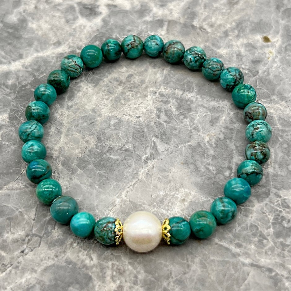 10mm White Pearls with African Jasper 'Turquoise' Gemstone Bracelet