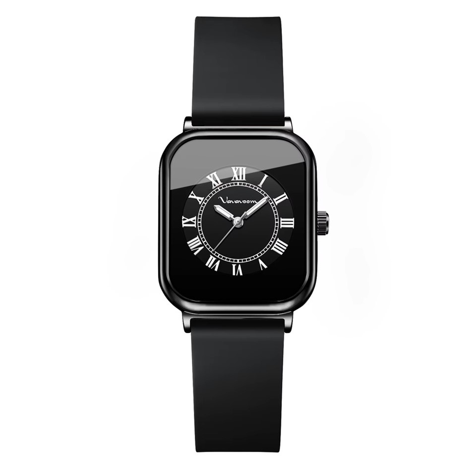 Women's Rectangle Quartz Watch with Silicone Strap - Black