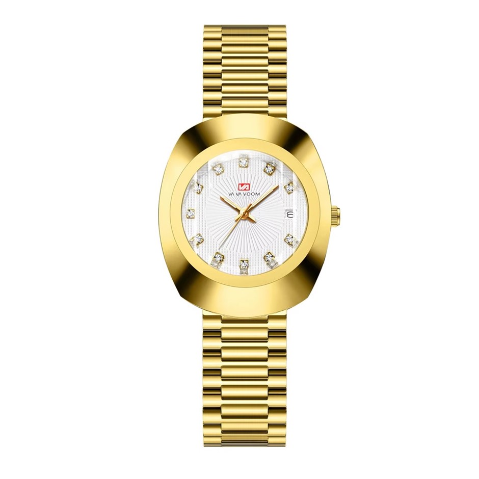 Luxury Women's Oval Stainless Steel Band Quartz Watch - White/Gold