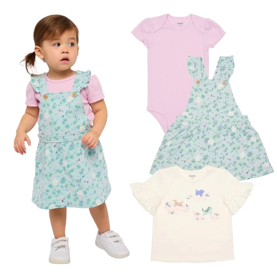 3pc PEKKLE Infant Shortall Set, Size 18M (1-2), Teal/Puppy Dog, Incl: Overa