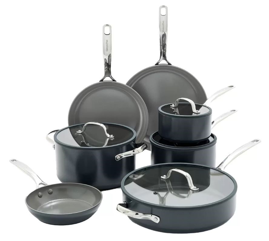 GREENPAN 11pc Eras Ceramic Non Stick Cookware Set, Black. NB: Minor use, no