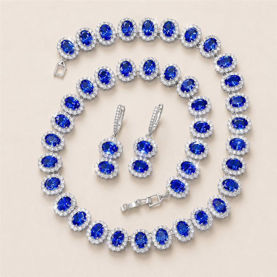 Classic AAA+ Cubic Zirconia Blue Oval Jewellery Set