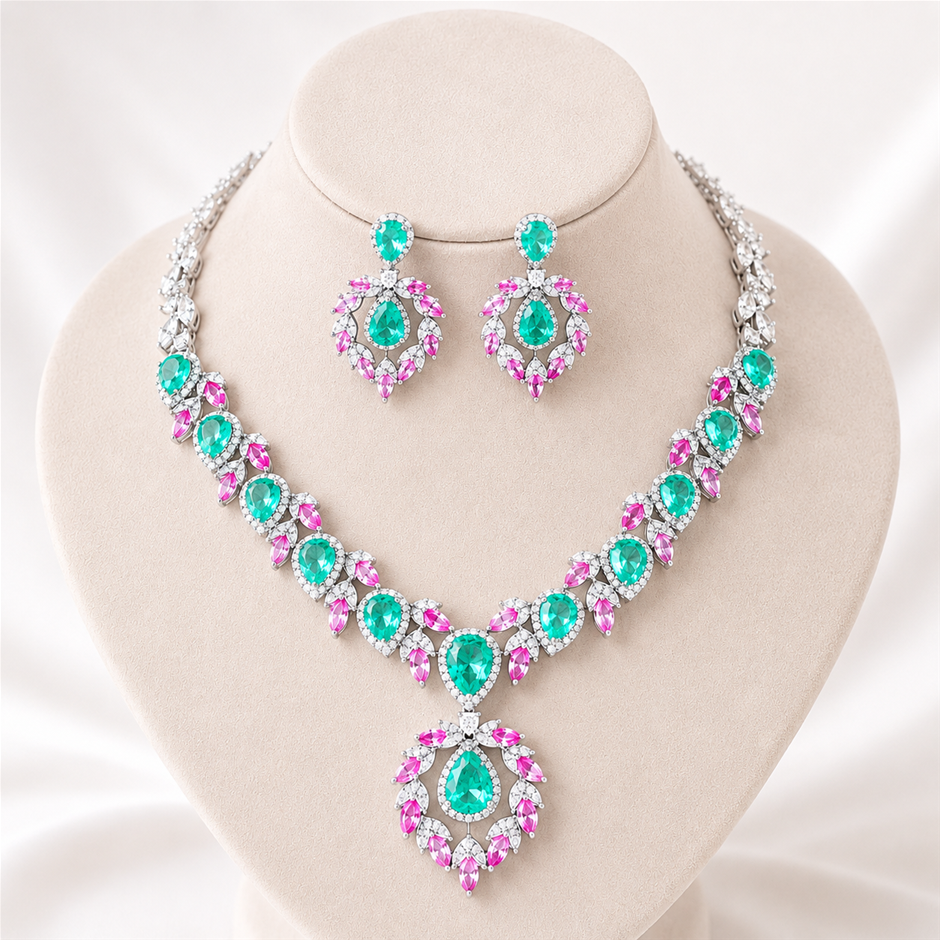 Glamorous Leaf Design AAA+ Cubic Zirconia Jewellery Set