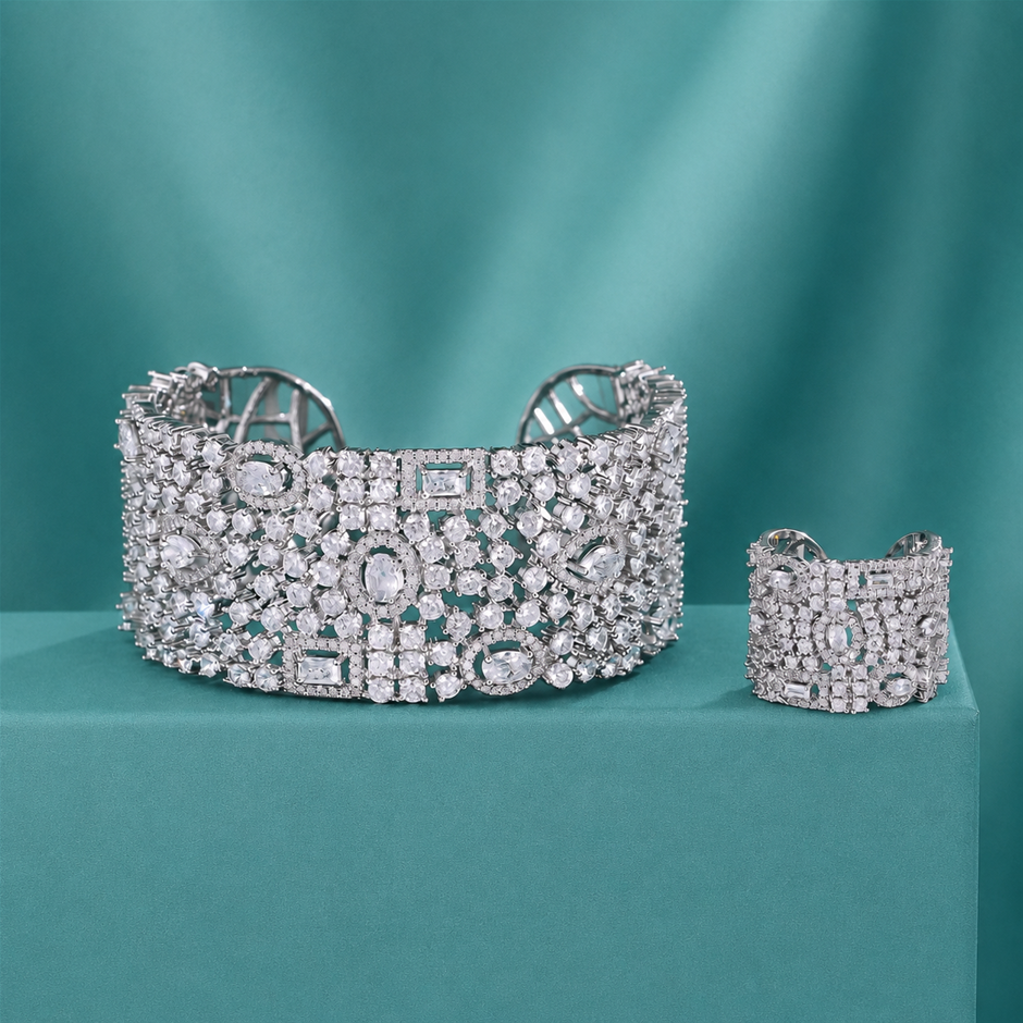 Abstract Pattern AAA+ Cubic Zirconia Cuff Bangle and Ring Jewellery Set