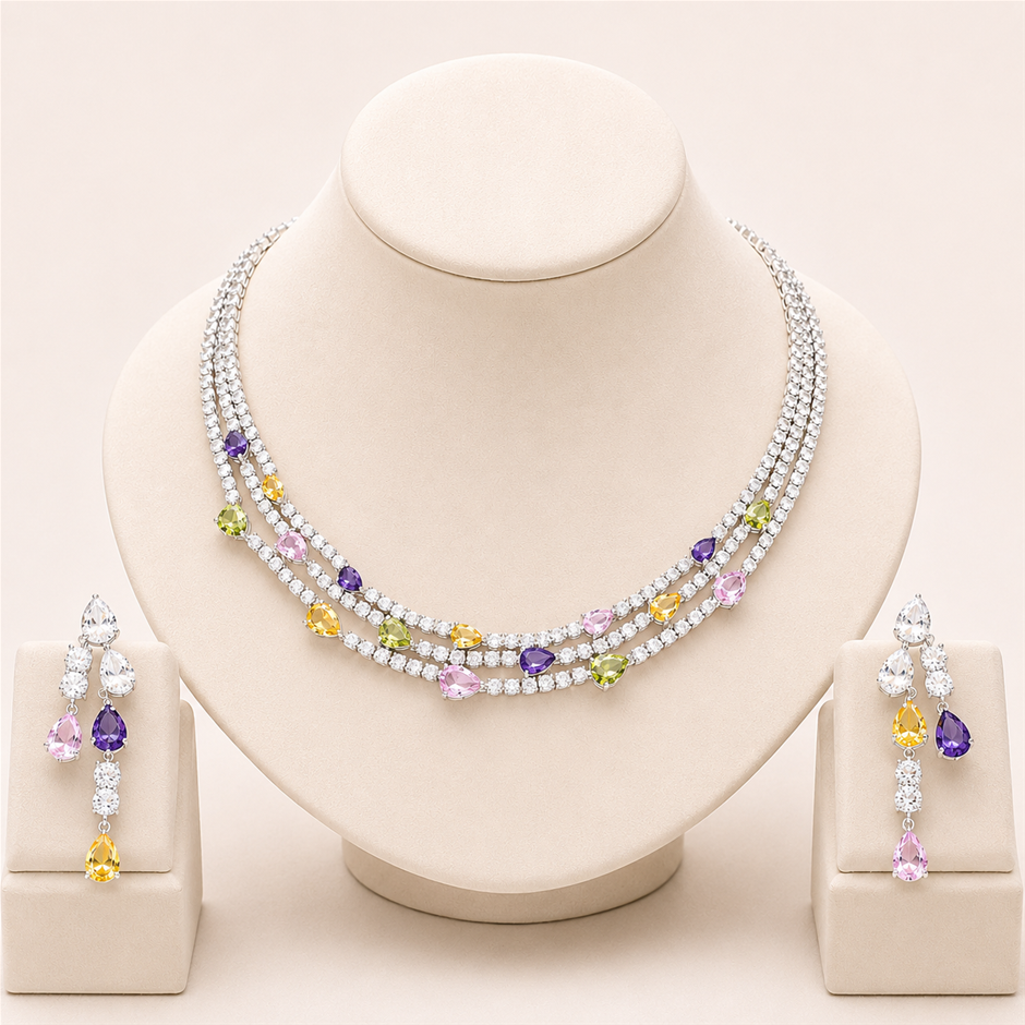 3 Row Multicolor AAA+ Cubic Zirconia Jewellery Set