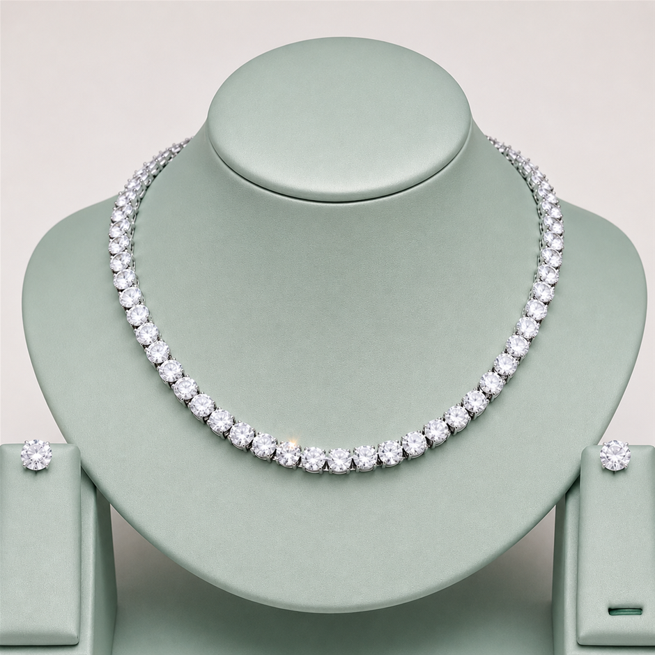 Round AAA+ Cubic Zirconia Tennis Necklace and Earrings Jewellery Set