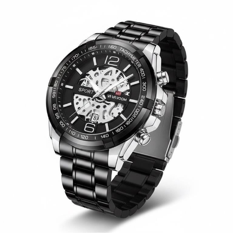 Jewelz Merchants Men’s Luxury Black & Silver-Tone Sport Watch