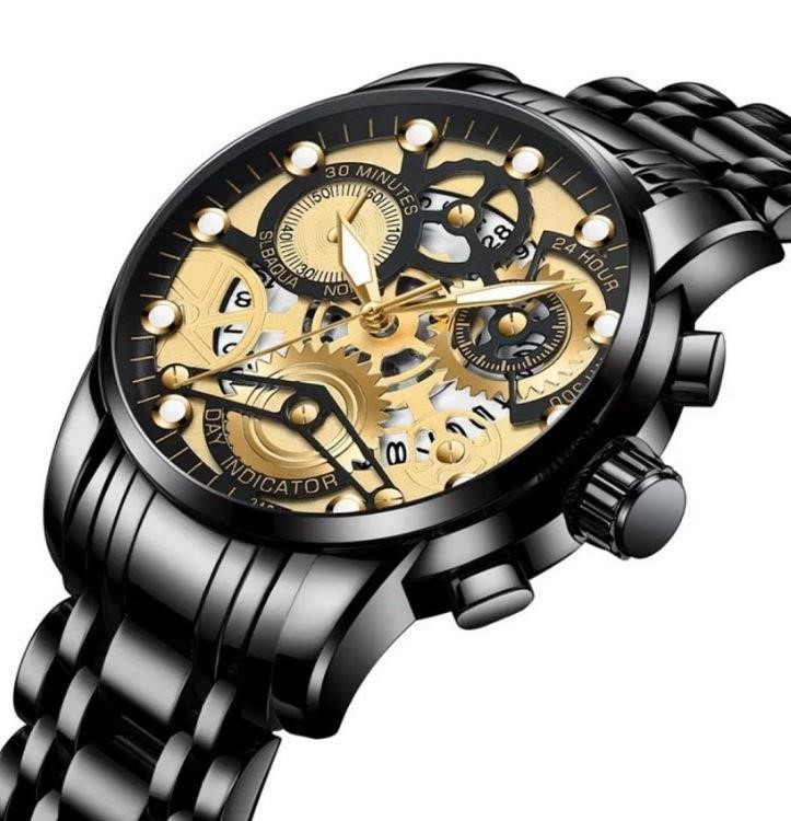 Jewelz Merchants Men’s Black & Gold-Tone Skeleton-Style Watch