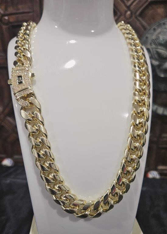 18K/Italy Triple Solid Yellow Gold Plated Cuban Chain -51cm-14mm
