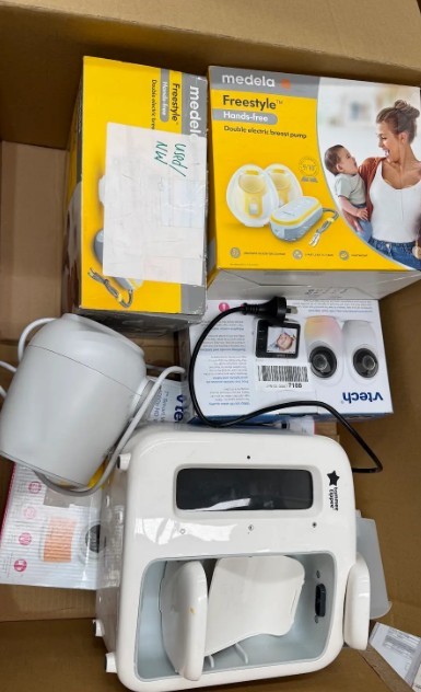 Assorted box of Baby Items incl Breast pumps, Vtech cameras and more. NB: I