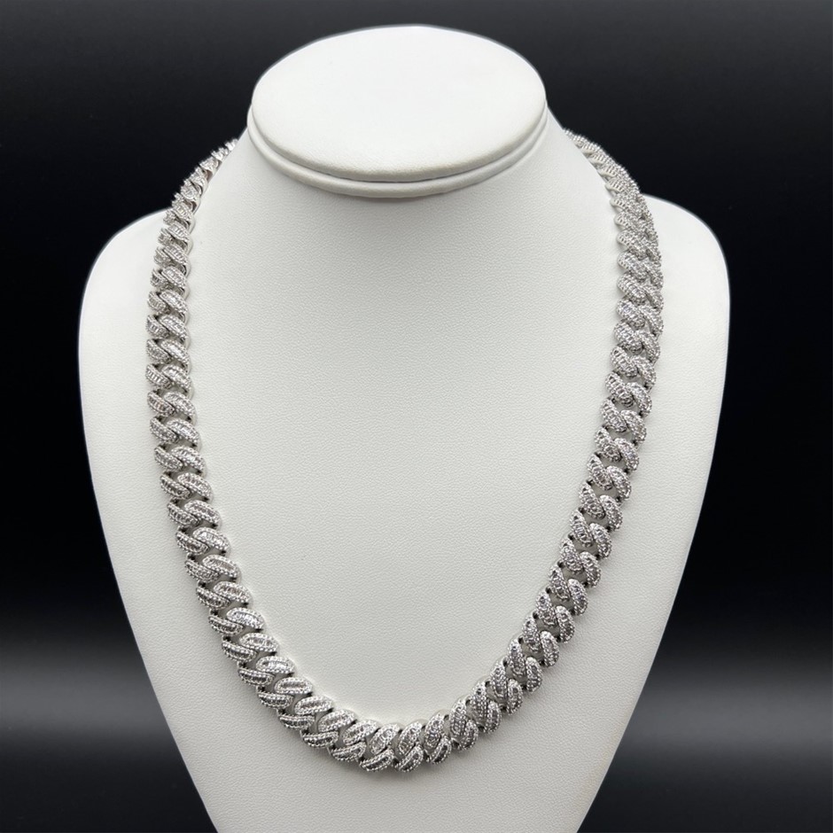 18K White-Filled Cuban Chain Necklace with AAA+ Cubic Zirconia - 60.9cm